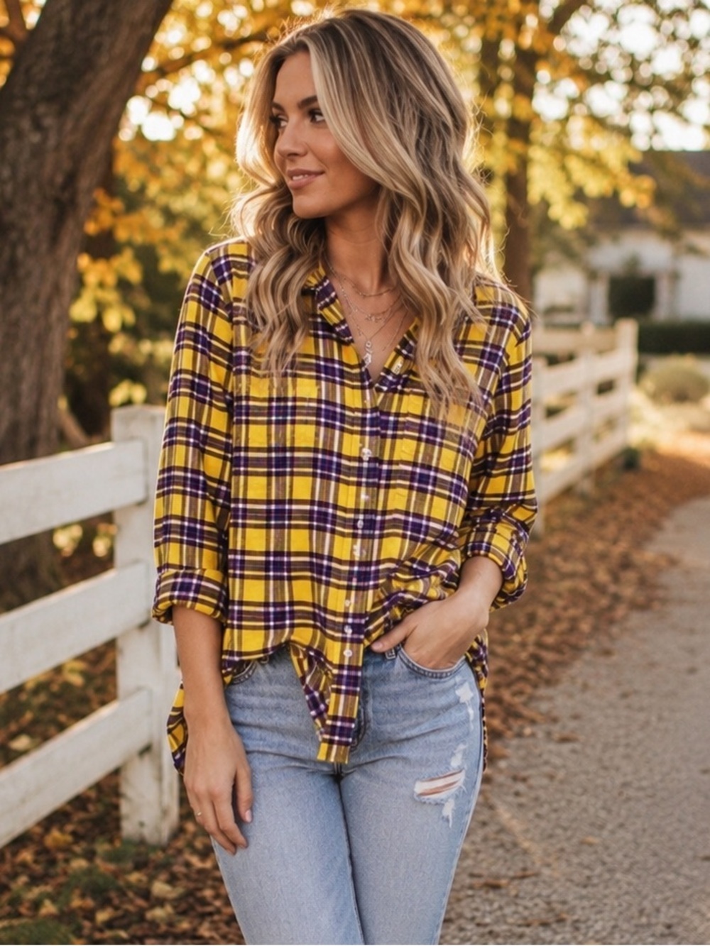 Y2K Eddie Bauer Rustic Plaid Yellow Purple Plaid Flannel Button Shirt Medium